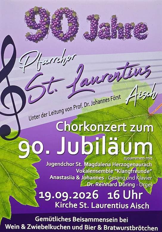 Flyer zum Konzert 90 Jahre Pfarrchor St. Laurentius Aisch