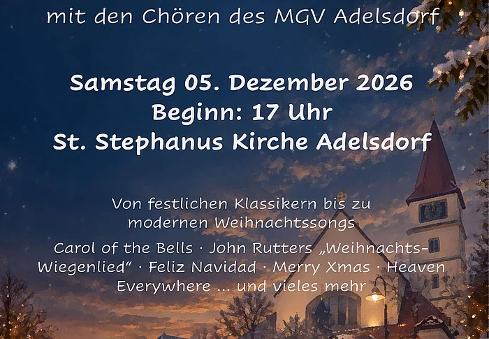 Plakat mit dem Termin fuer das Weihnachtskonzert des Musik und Gesangsverein Adelsdorf e.V. am 05.12.2026